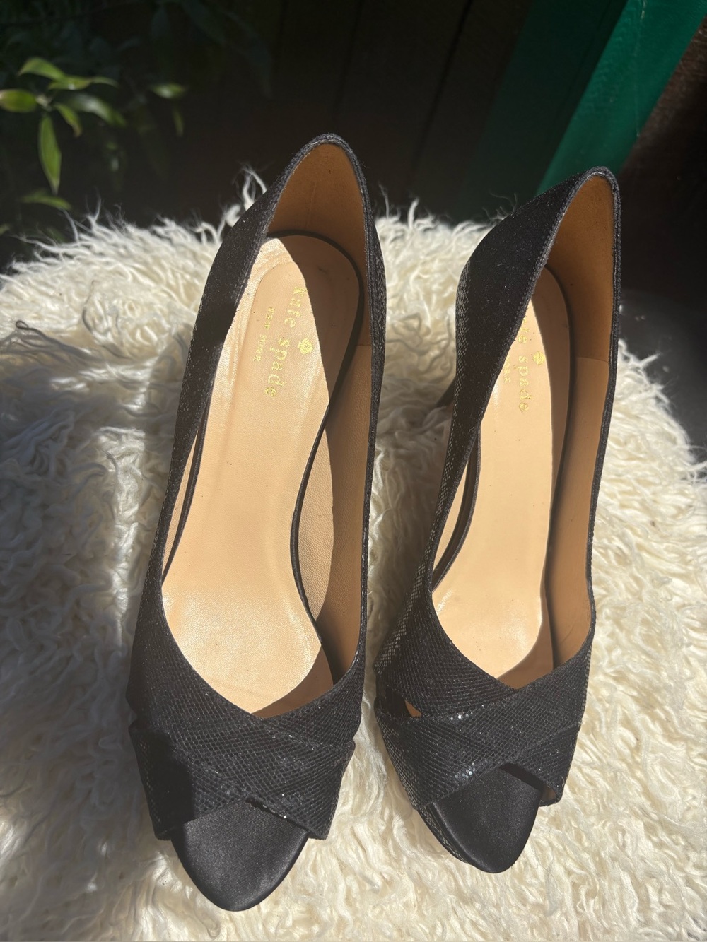 Kate Spade Billie open-toe pumps in black "Starlight" glitter